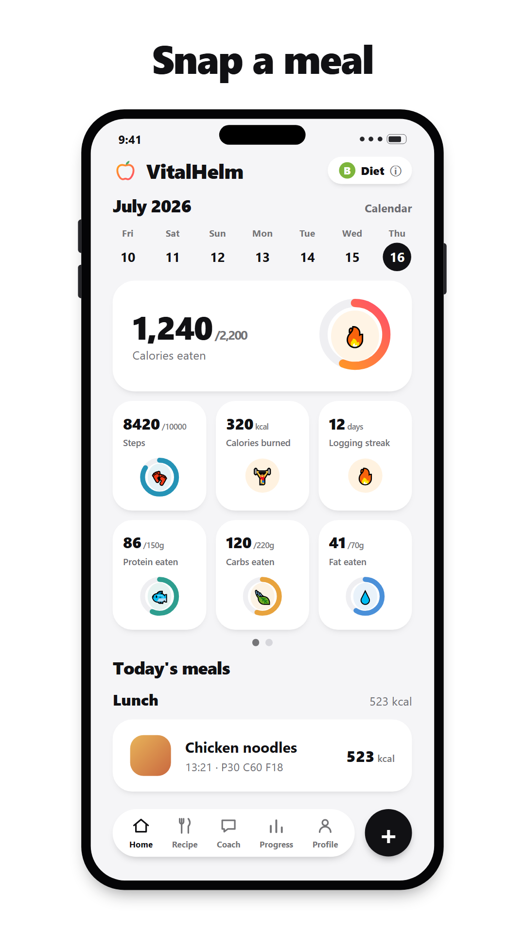 Vista previa titulada 'Snap a meal': la pantalla de inicio con anillo de calorías, pasos, calorías quemadas, racha de registro y anillos de proteína, carbohidratos y grasa