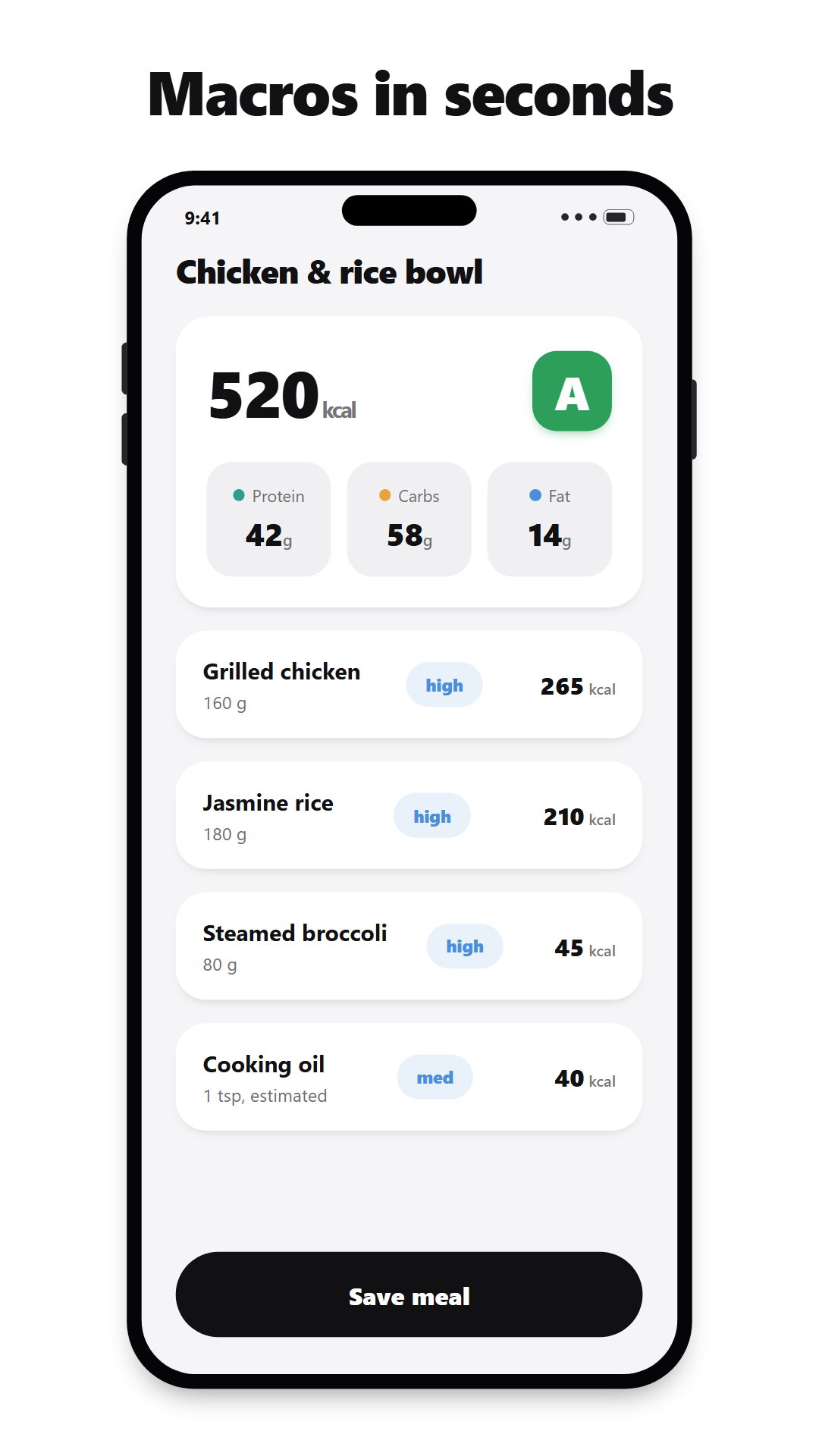 Vista previa titulada 'Macros in seconds': análisis de un bol de pollo y arroz — 520 kcal, nota A, con calorías por alimento y etiquetas de confianza