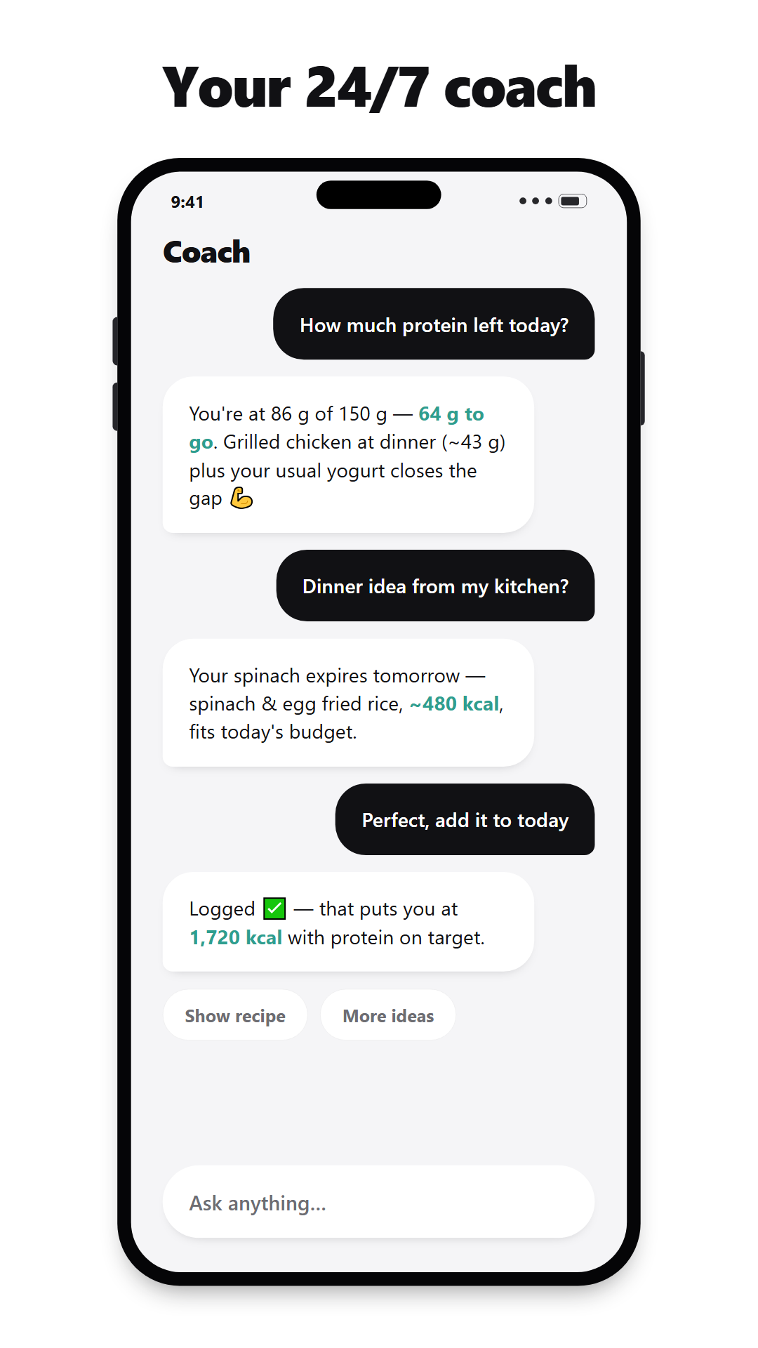 Vista previa titulada 'Your 24/7 coach': un chat del Coach respondiendo cuánta proteína queda hoy y sugiriendo una cena con lo que hay en la cocina