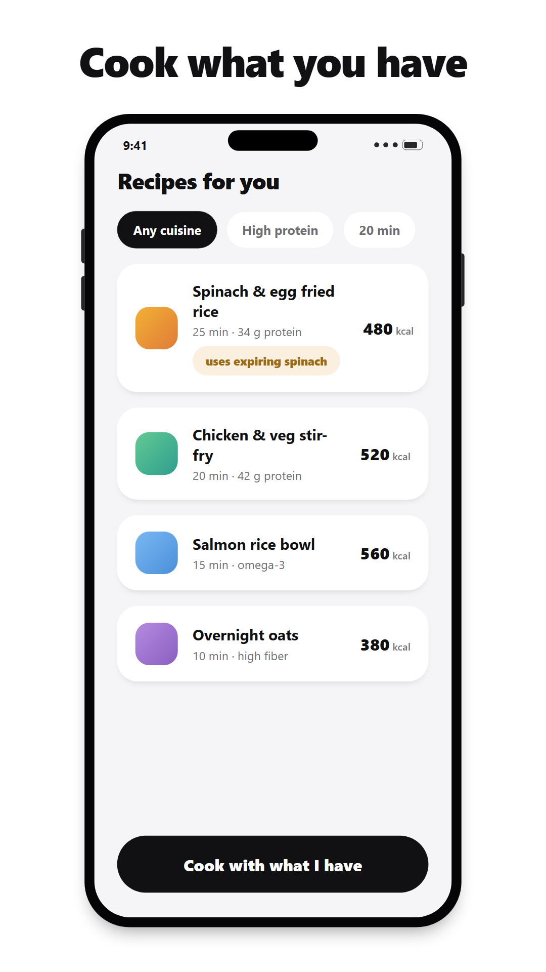 Vista previa titulada 'Cook what you have': la pantalla de Recetas con filtros y una receta que usa espinacas a punto de caducar